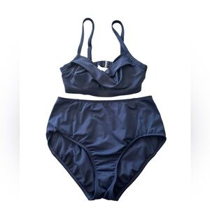 Athlete High Waisted Bikini Knot Scoop Neck Swimsuit Two Pieces Small Navy Blue